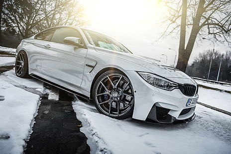 white BMW M4, bmw, f30, white, headlights, side view, HD wallpaper HD wallpaper