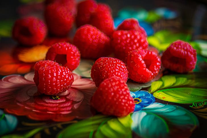 macro, berries, raspberry, tray, HD wallpaper
