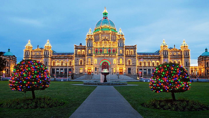 the building, Victoria, New Year, Canada, Christmas, Parliament, Christmas lights, HD wallpaper