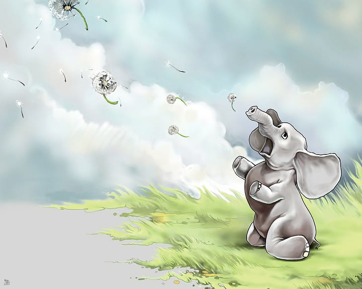 Elephant, Grass, Flying, Sky, HD wallpaper