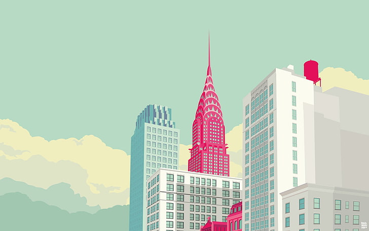 ilustrasi bangunan merah muda, seni digital, bangunan, Remko Heemskerk, awan, Kota New York, ilustrasi, Gedung Empire State, Manhattan, jendela, Wallpaper HD
