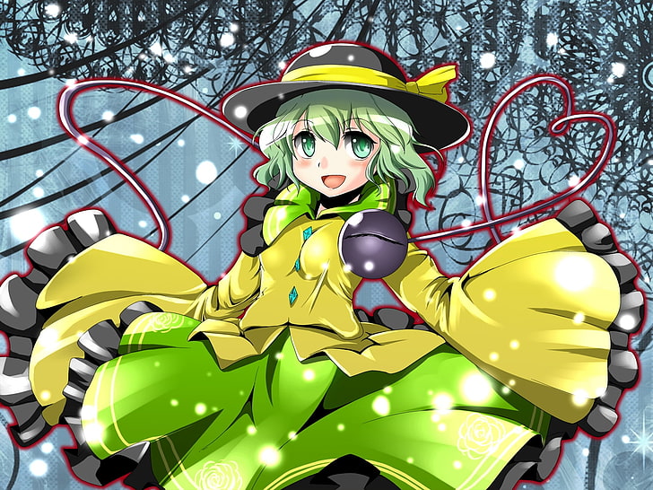 green-haired female anime character, excel-shena, girl, dress, hat, snow, HD wallpaper