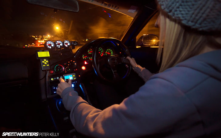woman holding steering wheel during nighttime, Speedhunters, Mazda RX-7, tuning, Mazda, car, car interior, vehicle, HD wallpaper