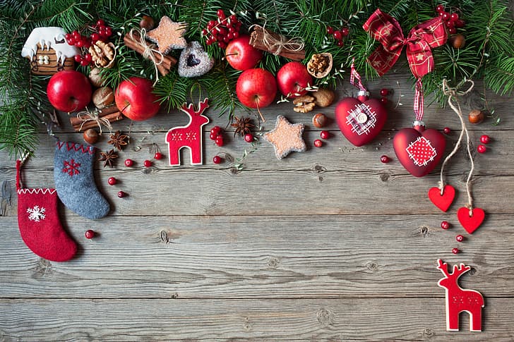 装飾、ベリー、ボール、リンゴ、木、新年、クッキー、クリスマス、ハート、フルーツ、ナッツ、木、メリークリスマス、クリスマス、休日のお祝い、 HDデスクトップの壁紙