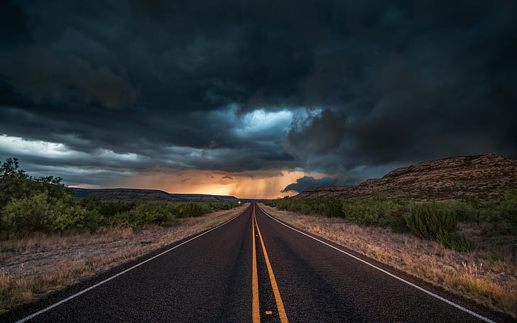 EUA, Texas, estrada, asfalto, noite, nuvens, tempestade, EUA, Texas, estrada, asfalto, noite, nuvens, tempestade, HD papel de parede