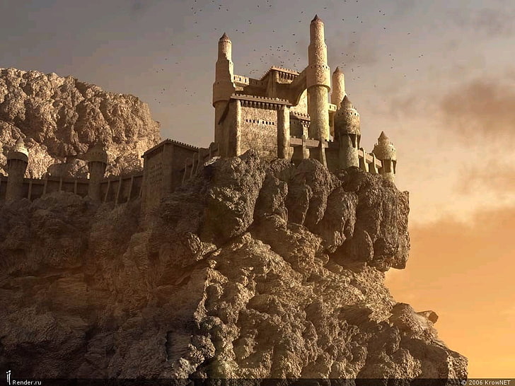 Castillo de hormigón beige, castillo, acantilado, pájaros, arte de fantasía, Fondo de pantalla HD