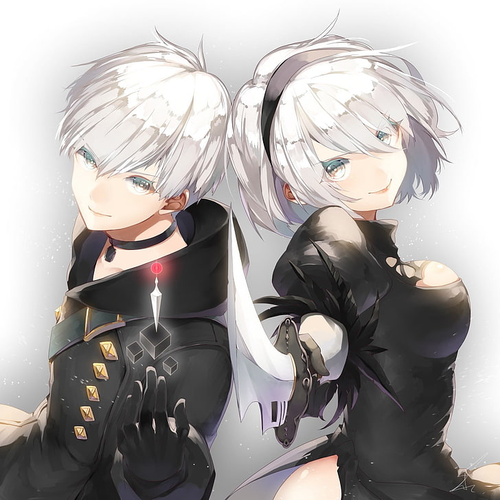 duas personagens femininas de anime, fundo branco, vestido preto, NieR, Nier: Automata, espada, 2B (Nier: Automata), 9S, HD papel de parede