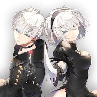 dos personajes femeninos de anime, fondo blanco, vestido negro, NieR, Nier: Automata, espada, 2B (Nier: Automata), 9S, Fondo de pantalla HD HD wallpaper