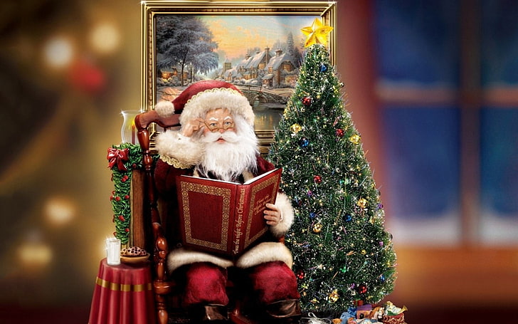Santa Claus reading book wallpaper, decoration, holiday, gift, tree, candle, picture, Christmas, book, Santa Claus, figure, Thomas Kinkade, Santa, christmas tree, c kinkade paintings, Cobblestone Christmas, HD wallpaper