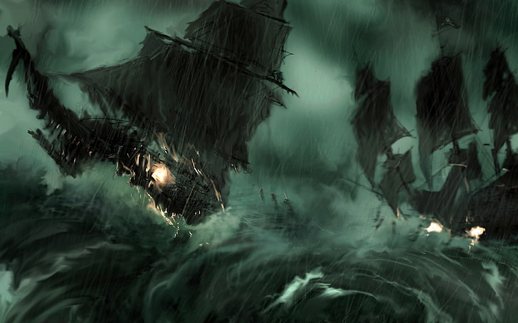 pirate ship illustration, wave, storm, the wind, ships, gun, HD wallpaper