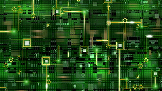 зеленый, технология, компьютер, линия, интегральная схема, электроника, электрическая сеть, шаблон, HD обои HD wallpaper