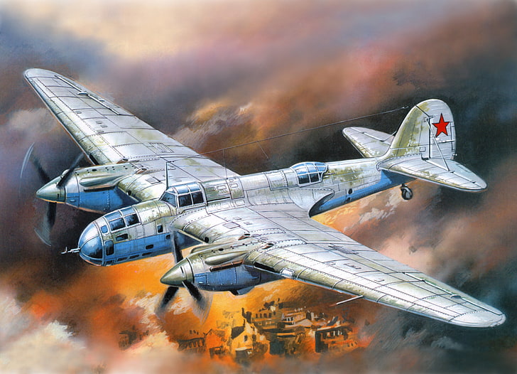 ilustração de avião de combate cinza e azul, o céu, a cidade, flama, fumaça, figura, arte, bombardeiro, soviético, bimotor, mergulho, segunda guerra mundial, ar-2, HD papel de parede