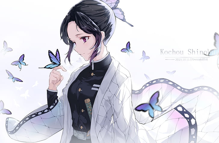 Kimetsu no Yaiba, Kochou Shinobu, kupu-kupu, senjata, katana, rambut hitam, seragam, pakaian Jepang, rambut pendek, pedang, Wallpaper HD