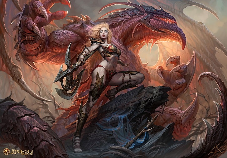 ilustração de dragão, mulheres, armadura, machados, dragão, magia, HD papel de parede