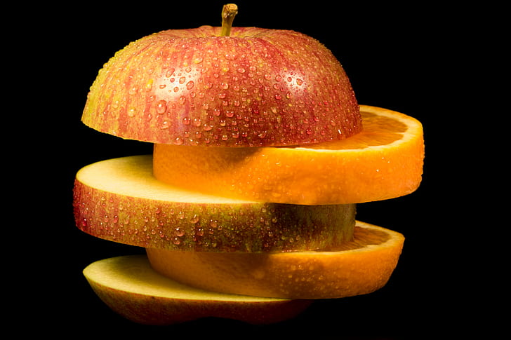 manzana y naranja en rodajas, manzana, manzana, rompecabezas, en rodajas, naranja, fruta, macro, rojo, vegano, hamburguesa, sueños, alimentos, madura, frescura, rebanada, comida vegetariana, orgánico, amarillo, Fondo de pantalla HD