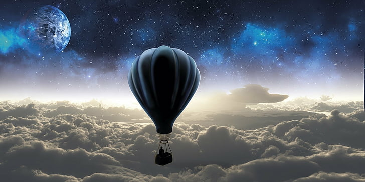 Фантазия, артистичност, облак, балон с горещ въздух, луна, HD тапет