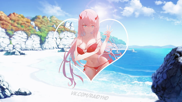 Zero Two tapety, anime, anime girls, picture-in-picture, Zero Two (Darling in the FranXX), Darling in the FranXX, serce, plaża, Tapety HD