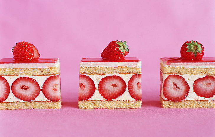 food, strawberries, cake, dessert, pink, HD wallpaper