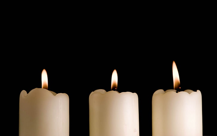 three white candle pillars, candles, lights, black background, three, HD wallpaper