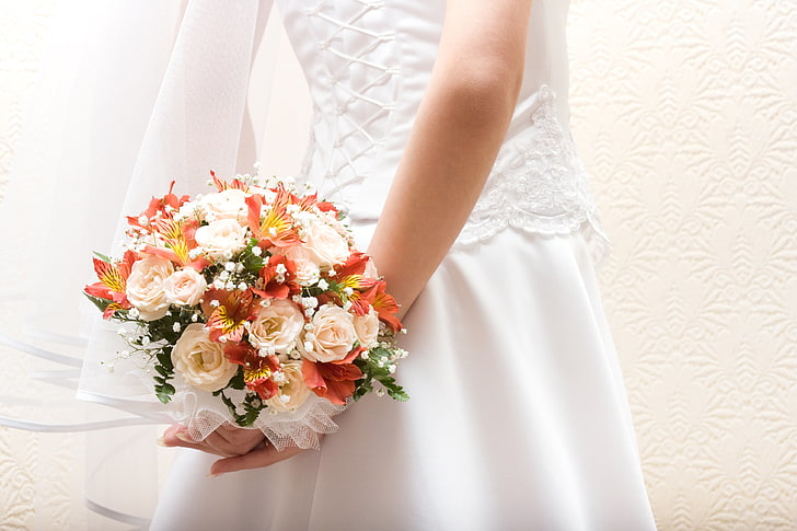разноцветный свадебный букет, цветы, букет, платье, невеста, фата, шнуровка, HD обои