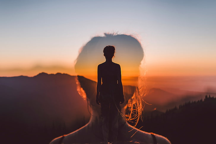 Silhouette der Frau, Mädchen, Sonnenuntergang, Silhouette, Doppelbelichtung, Believe In Yourself, Isaac Gautschi, HD-Hintergrundbild