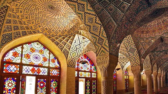 iran, moské, arkitektur, shiraz, valv, kapell, byggnad, bysantinsk arkitektur, katedral, målat glas, fönster, asien, islamisk konst, konst, islam, HD tapet HD wallpaper