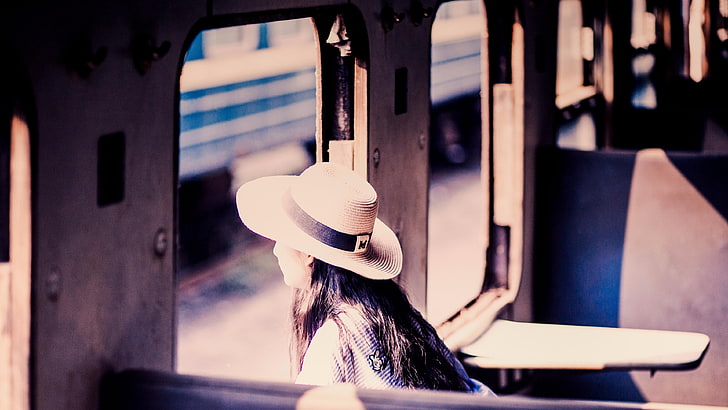 woman, romantic, hat, train, farewell, girl, HD wallpaper