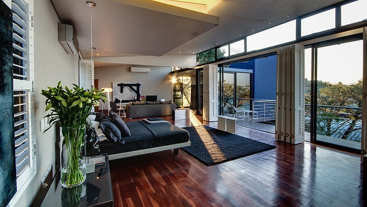 desain interior, kamar tidur, jendela, sinar matahari, vas, permukaan kayu, Wallpaper HD
