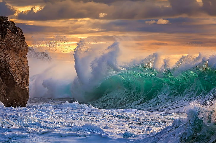 Badai di laut, langit, awan, batu, Laut, ombak, badai, Wallpaper HD