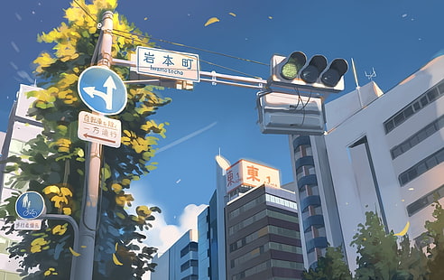аниме пейзаж, град, улица, сгради, дърво, небе, аниме, HD тапет HD wallpaper