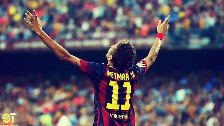 blue and red Meymar Jr 11 soccer jersey, Neymar, FC Barcelona, men, soccer, arms up, HD wallpaper