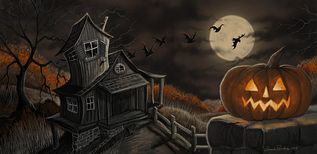 Праздник, Хэллоуин, Летучая мышь, Дом с привидениями, Дом, Джек-о-фонарь, Луна, HD обои HD wallpaper