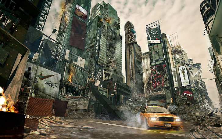 yellow taxi wallpaper, Apocalypse, New York, devastation, taxi, skyscrapers, HD wallpaper