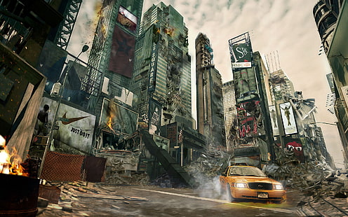 yellow taxi wallpaper, Apocalypse, New York, devastation, taxi, skyscrapers, HD wallpaper HD wallpaper