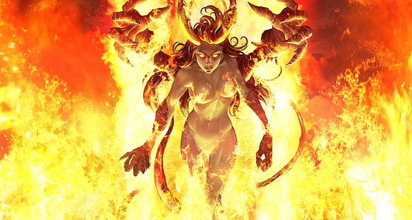demone, fuoco, fantasy art, fantasy girl, Sfondo HD HD wallpaper