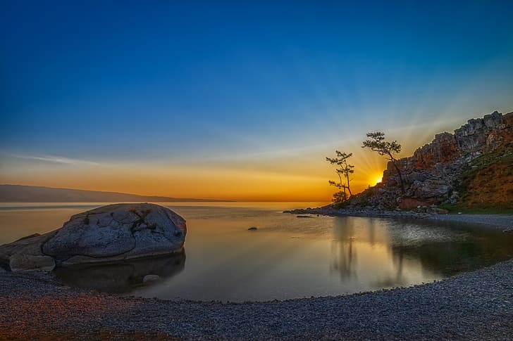trees, rock, lake, sunrise, dawn, stone, Russia, lake Baikal, HD wallpaper