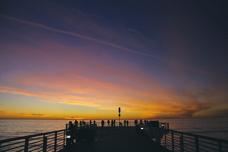 black dock, sea, sunset, beach, sky, HD wallpaper