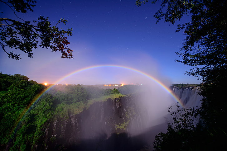 green mountain and rainbow, stars, trees, night, waterfall, Victoria, South Africa, lunar rainbow, Peter Dolkens photography, the border of Zambia and Zimbabwe, the Zambezi river, HD wallpaper