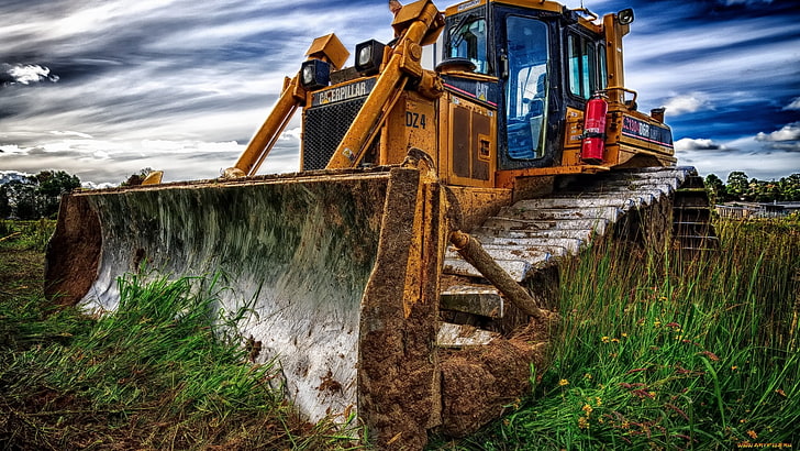 yellow front loader, construction vehicles, vehicle, HDR, HD wallpaper