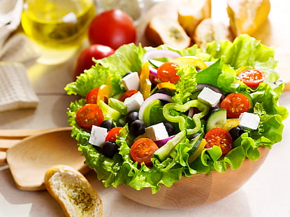 vegetable salad, salad, greek, vegetables, cucumbers, peppers, tomatoes, leaves, olives, cheese, food, plate, bread, loaf, butter, HD wallpaper HD wallpaper