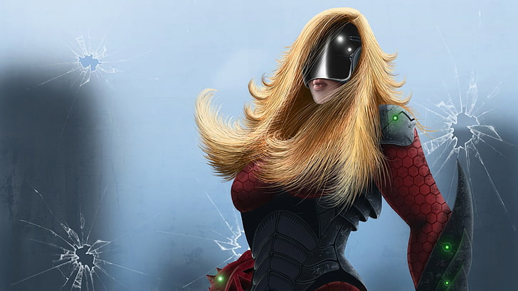 female character with blonde hair wearing red and black suit digital wallpaper, artwork, fantasy art, HD wallpaper