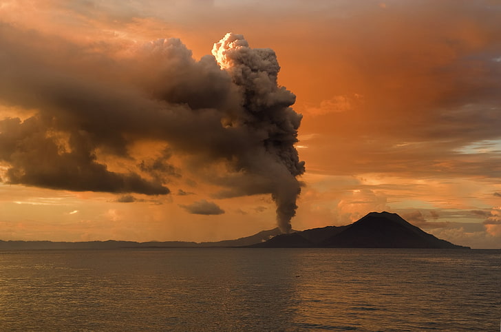 brown volcano, volcano, smoke, sunset, nature, landscape, water, hills, trees, eruption, Papua New Guinea, clouds, sea, silhouette, horizon, HD wallpaper