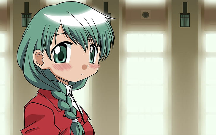 Errötendes Mädchen, Mädchen in der roten Oberseite mit grüner Haarabbildung, Anime, 1920x1200, Frau, erröten, HD-Hintergrundbild