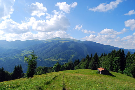 carpathians, field, house, landscape, mountains, ukraine, HD wallpaper HD wallpaper