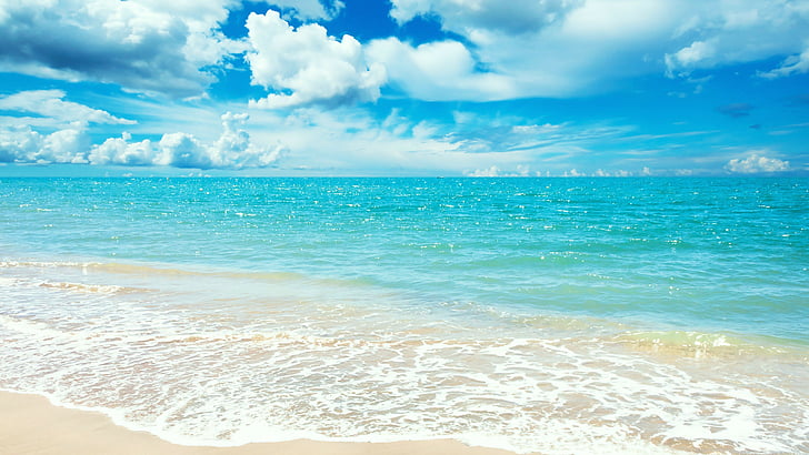 берег моря в дневное время, океан, 5k, 4k обои, 8k, берег, пляж, облака, небо, HD обои