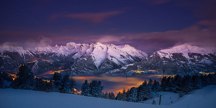 alam, pemandangan, gunung, salju, pohon, kota, lampu, kabut, pegunungan Alpen, panorama, Wallpaper HD