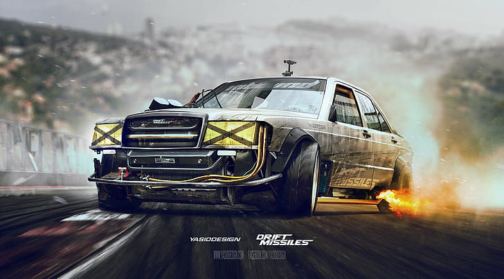 Mercedes-Benz, pocisk driftowy, drift, samochód, Photoshop, Tapety HD