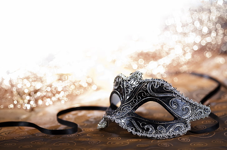 black and gray floral masquerade, gold, silver, sequins, mask, black, carnival, accessory, HD wallpaper