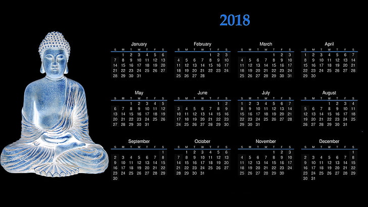 2018 calendar and Gautama Buddha illustration, calendar, 2018 (Year), black background, month, Buddha, meditation, numbers, sculpture, HD wallpaper