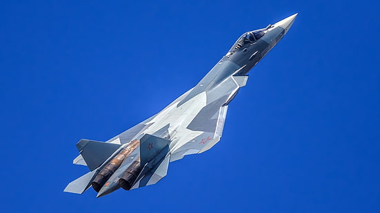 синьо небе, военен самолет, самолет, боен самолет, военновъздушни сили, авиация, реактивен самолет, sukhoi su-57, pak-fa, sukhoi, t-50, HD тапет HD wallpaper